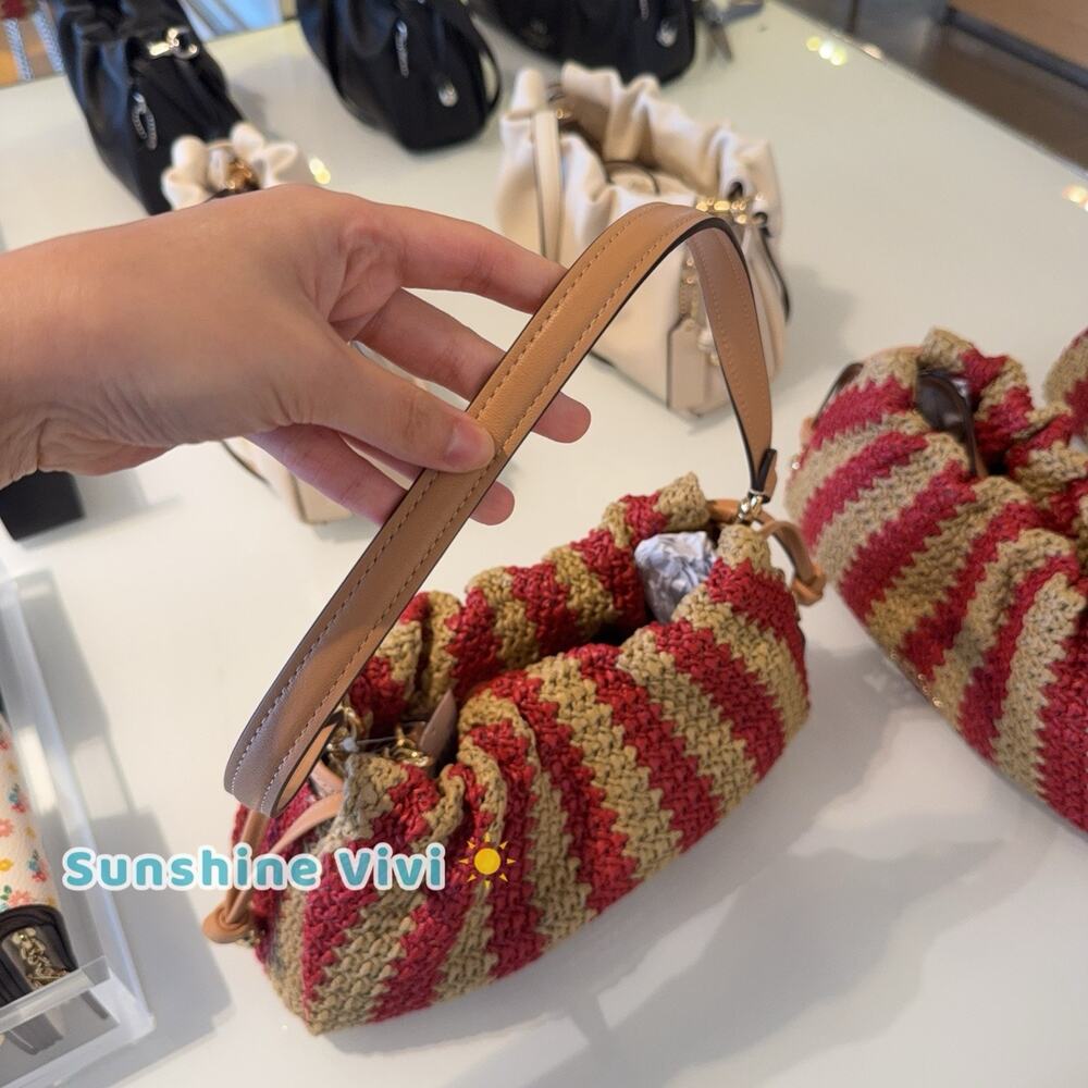 NWT coach Faye Shoulder Bag Gold/Red/Tan Straw and smooth leather CER33 - Picture 3 of 9